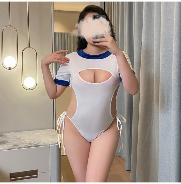 FEE ET MOI - Sporty Style Open-Back Crotchless Bodysuit (Plus Size - White) FEE ET MOI - Sporty Style Open-Back Crotchless Bodysuit (Plus Size - White)